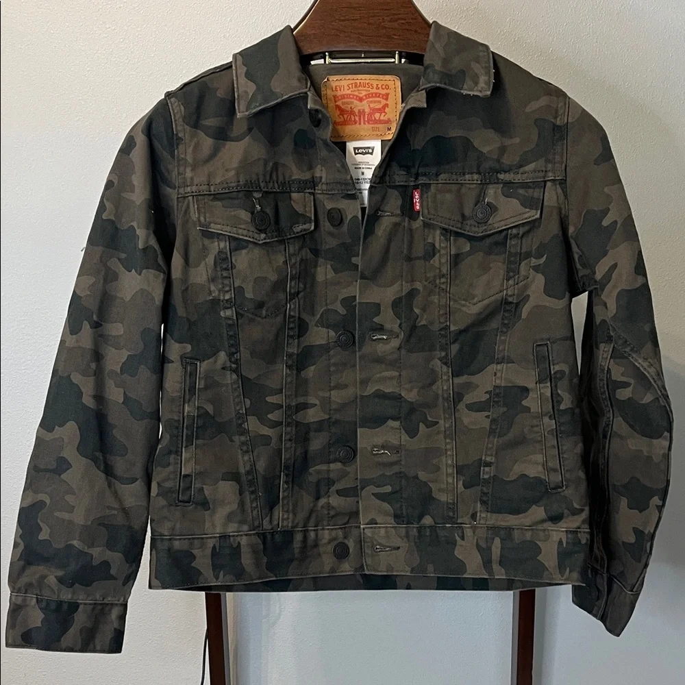 Levi Camo Denim Trucker Jacket Kids Medium 10/12 Years - Green Camouflage